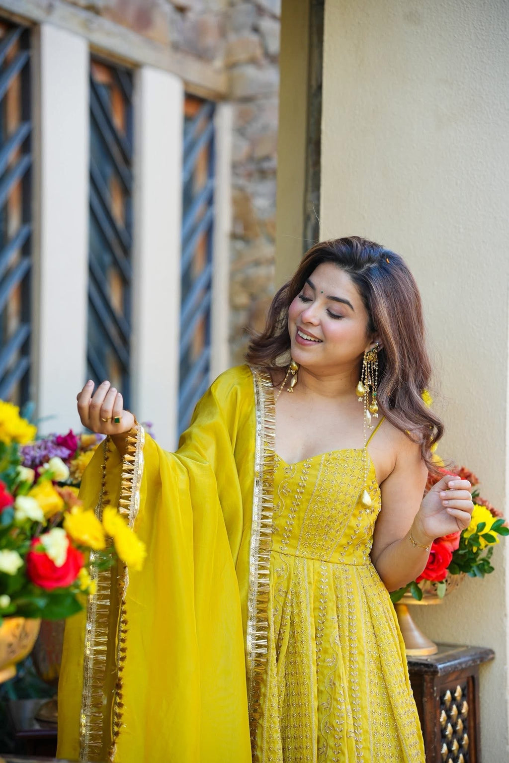 Vibrant Mustard Yellow Teby Organza Zari Embroidery Anarkali Suit Set