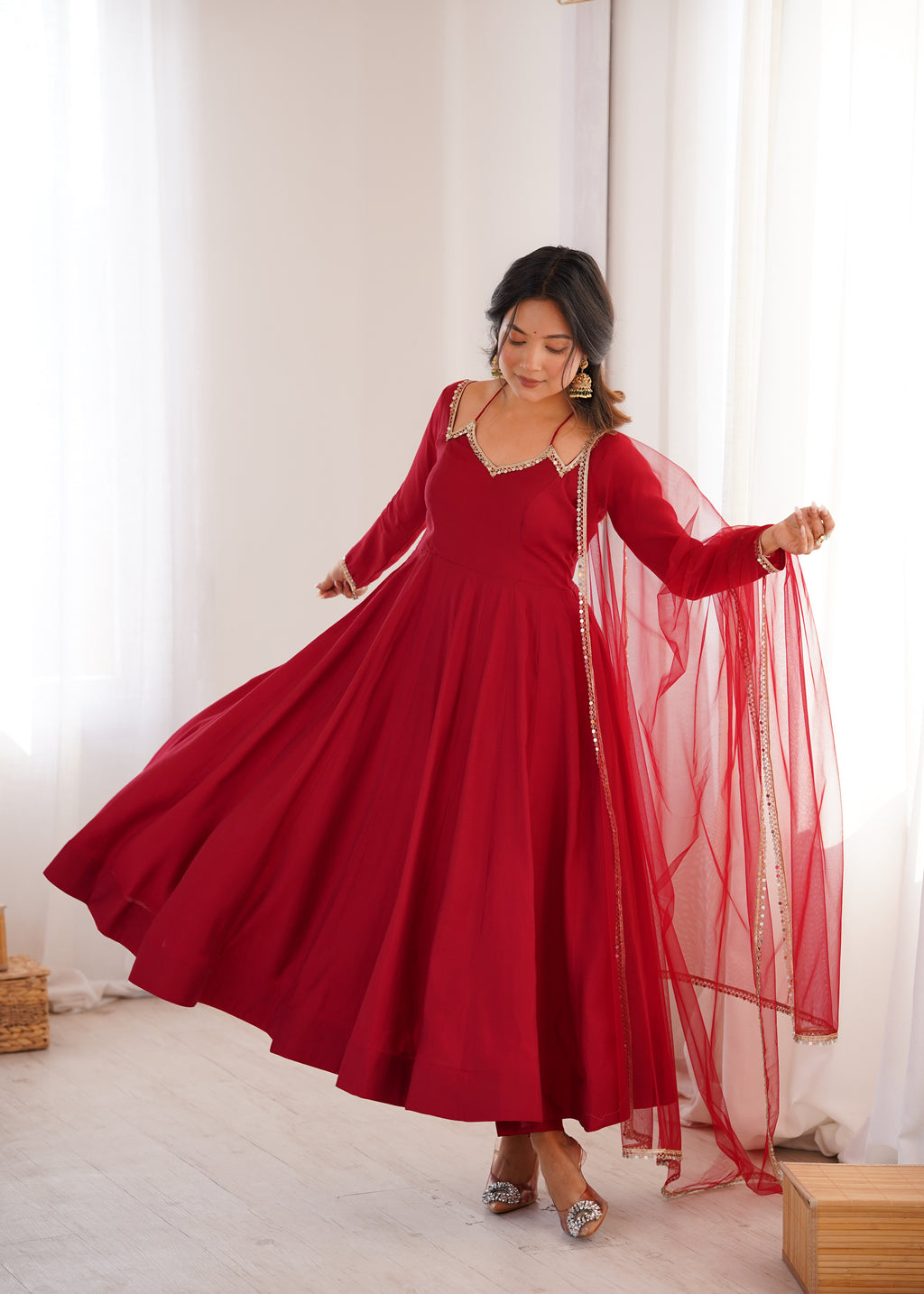 Premium Roman Silk Chanderi Fully Flared Anarkali Suit