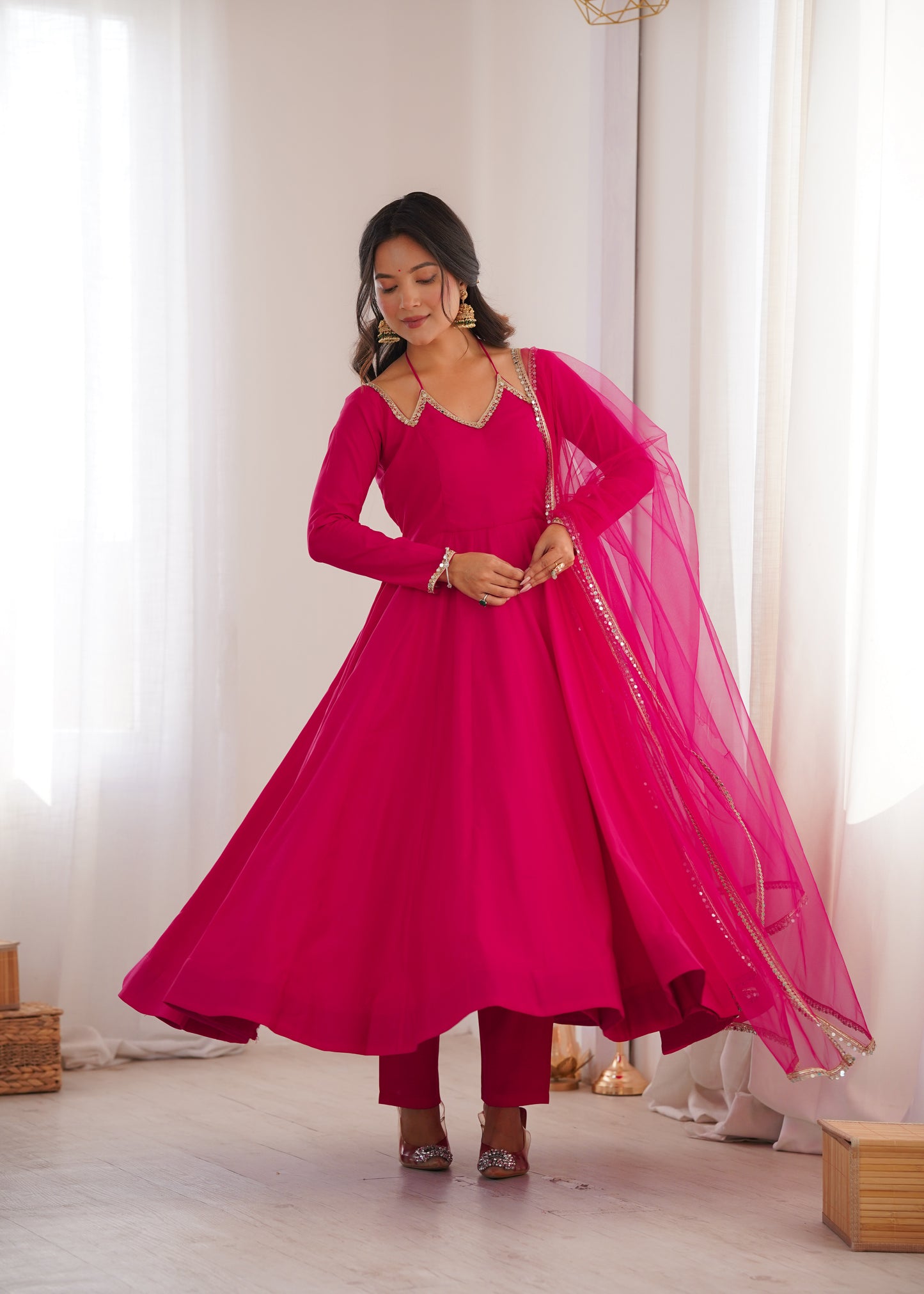 Premium Roman Silk Chanderi Fully Flared Anarkali Suit