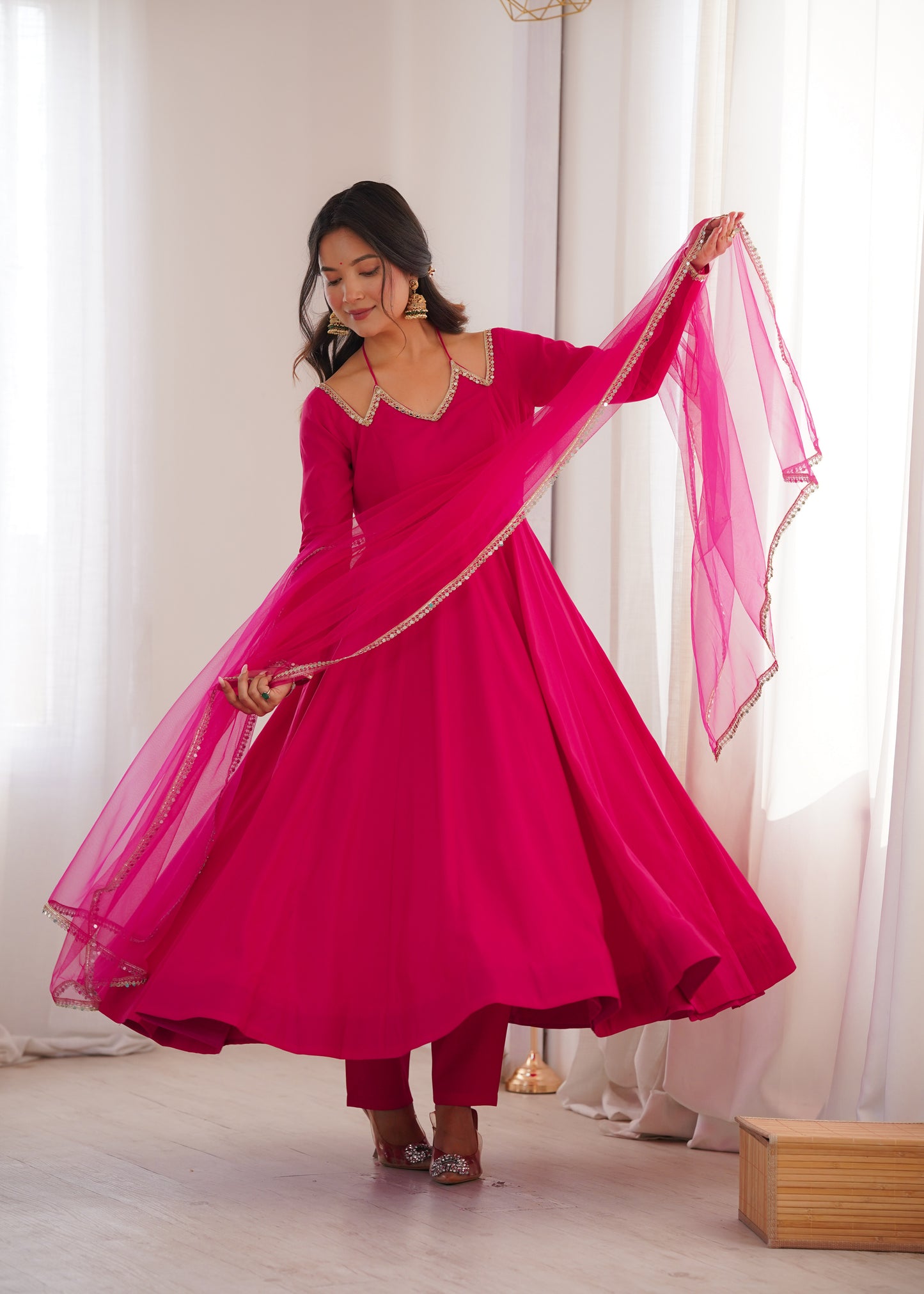 Premium Roman Silk Chanderi Fully Flared Anarkali Suit