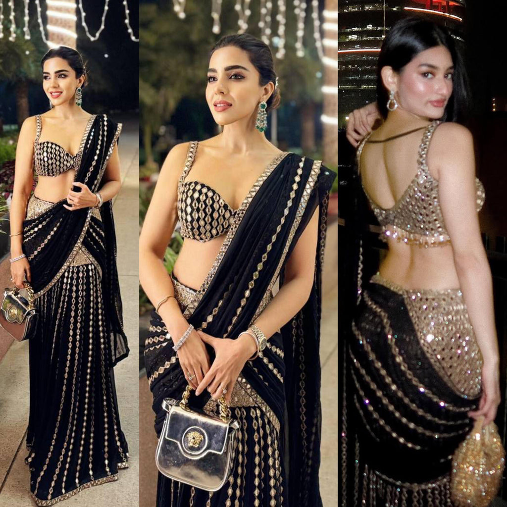 Black Faux Georgette Ready-to-Wear Saree with Real Mirror Work