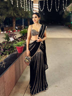 Black Faux Georgette Ready-to-Wear Saree with Real Mirror Work