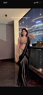 Black Faux Georgette Ready-to-Wear Saree with Real Mirror Work