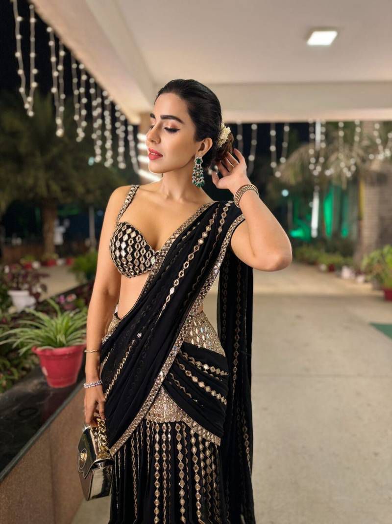 Black Faux Georgette Ready-to-Wear Saree with Real Mirror Work