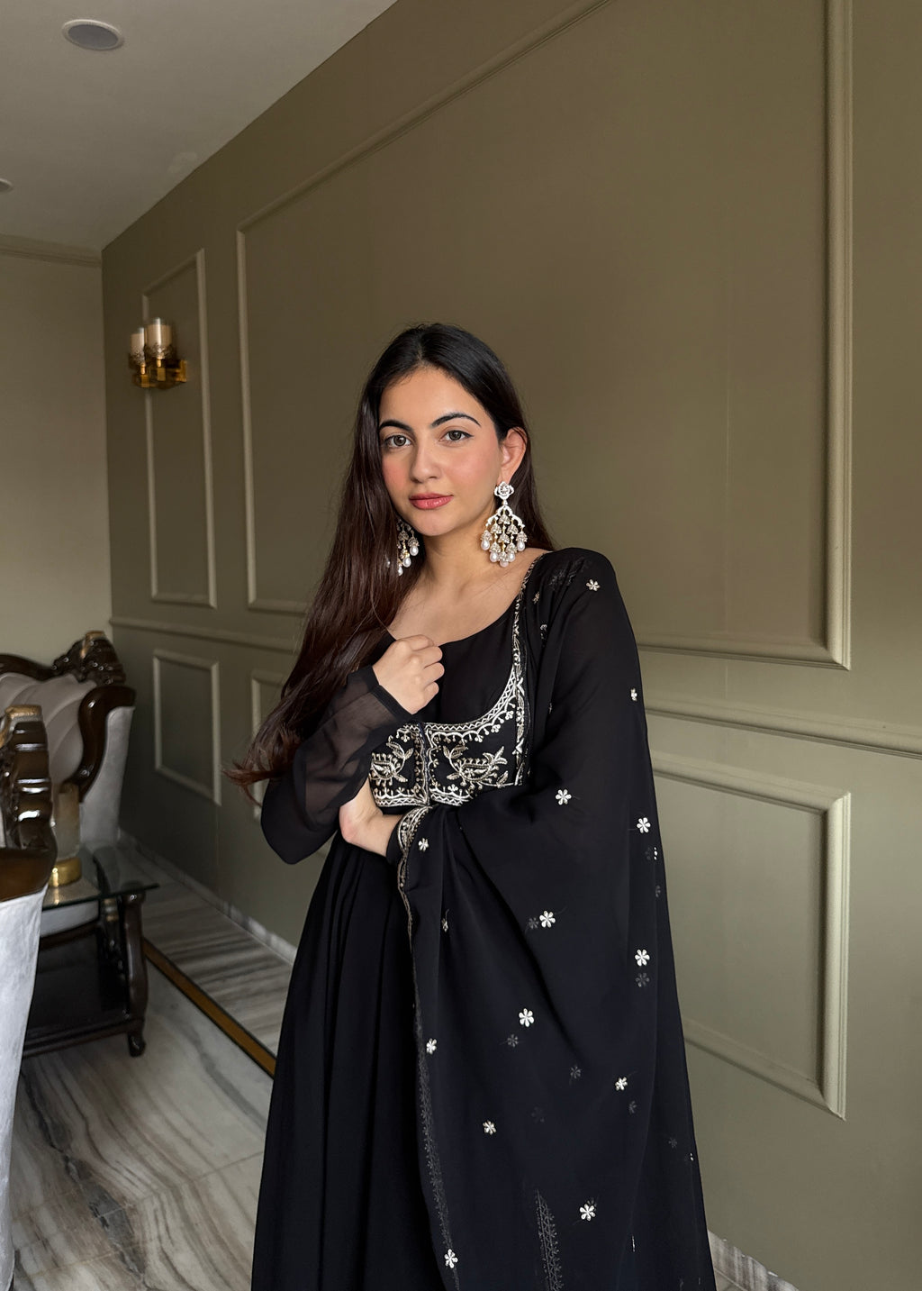 Black Premium Fox Georgette Fully Flared Anarkali