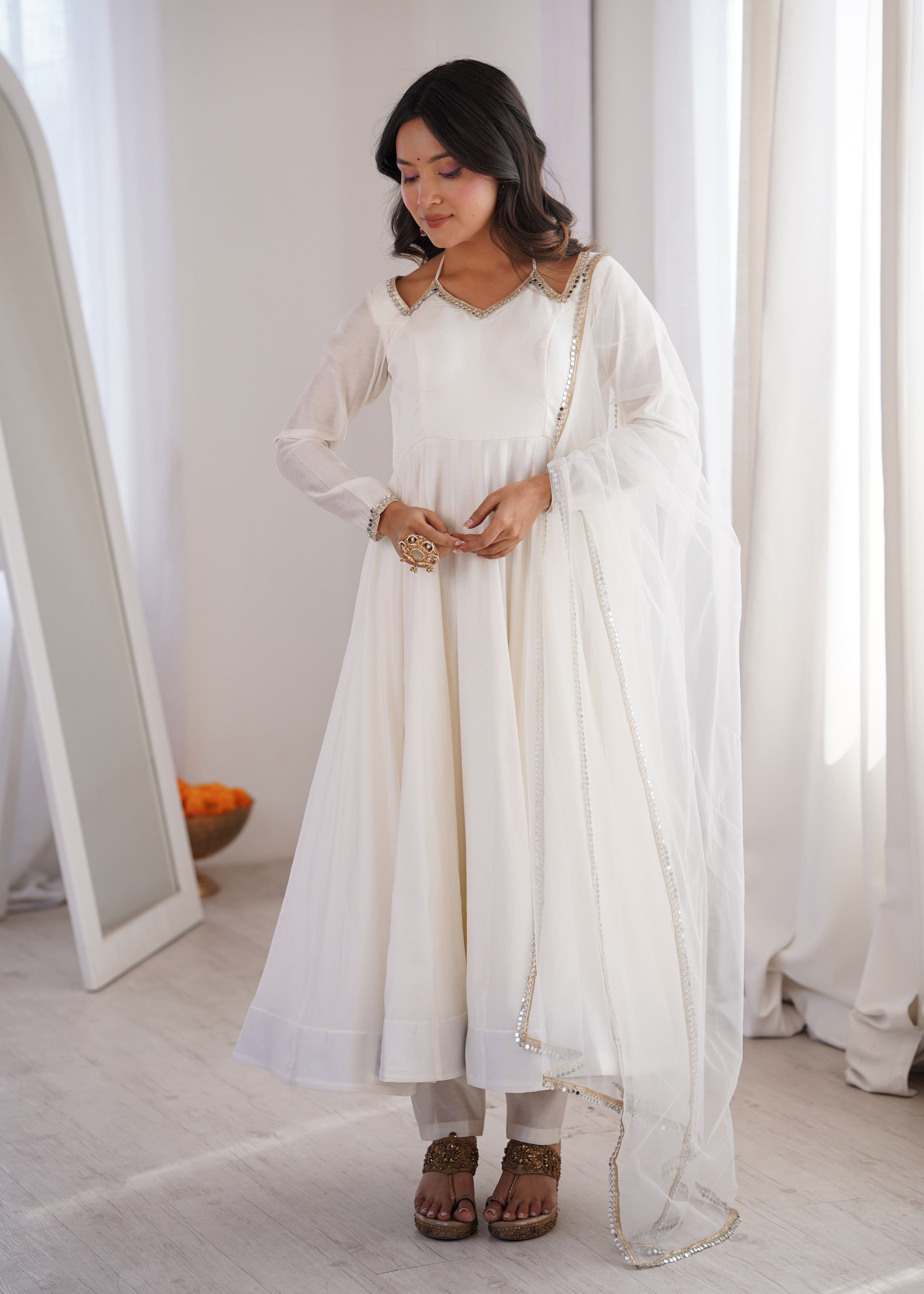 Premium Roman Silk Chanderi Fully Flared Anarkali Suit