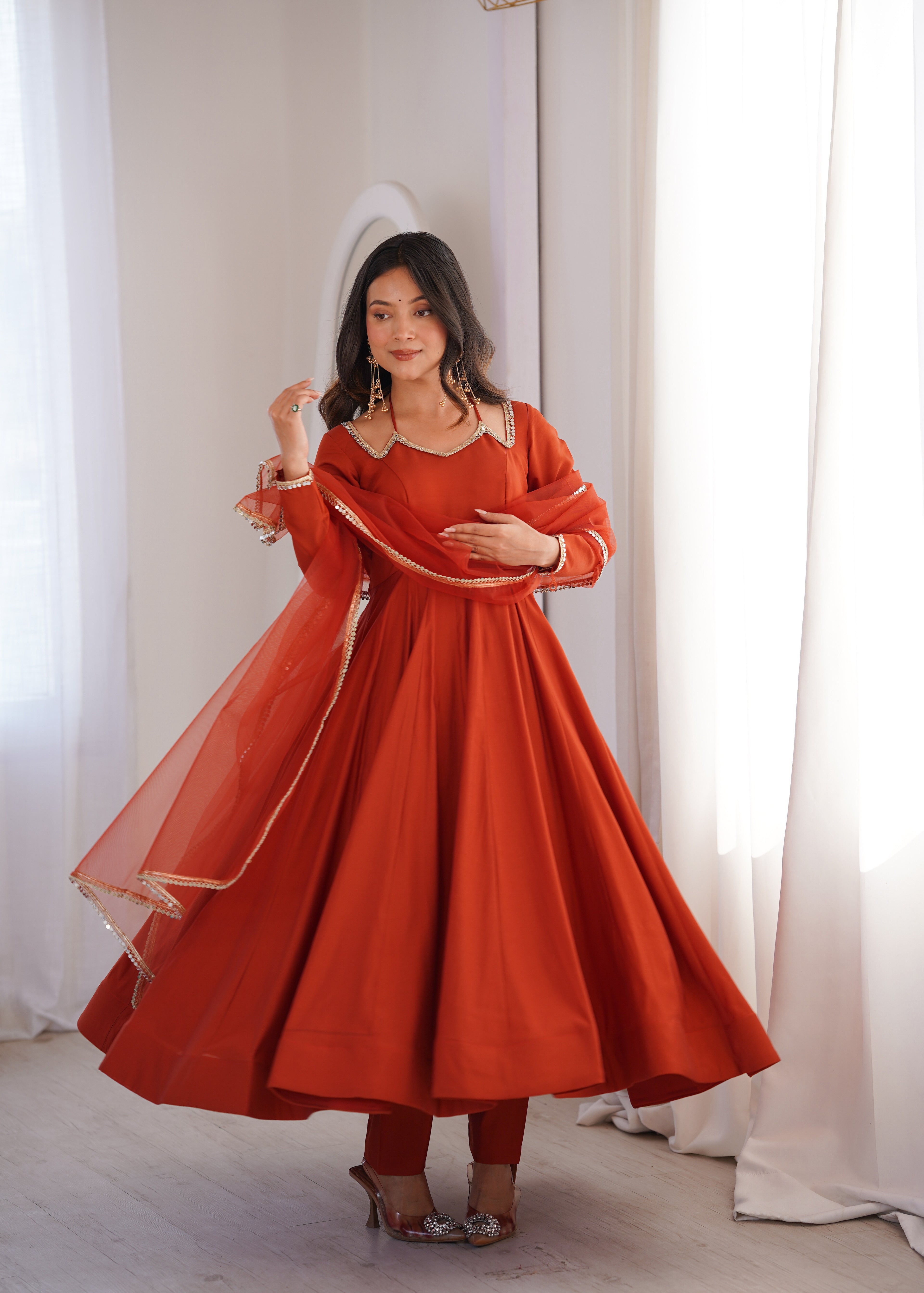 Premium Roman Silk Chanderi Fully Flared Anarkali Suit