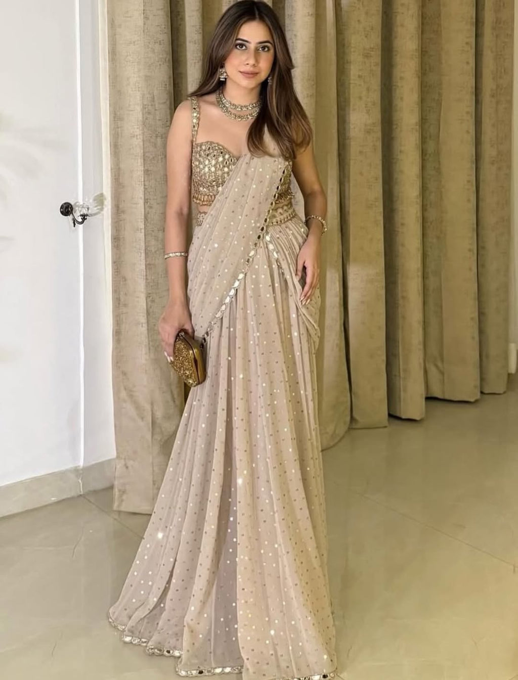 Beige Real Mirror Work Ready-to-Wear Saree