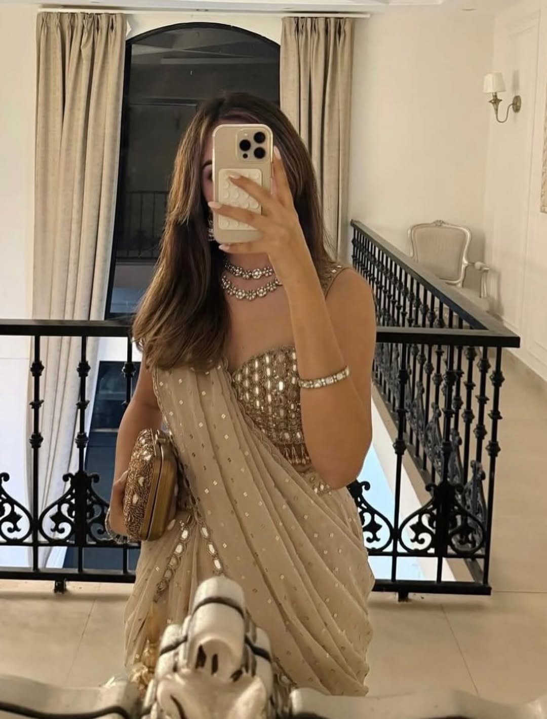 Beige Real Mirror Work Ready-to-Wear Saree