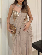 Beige Real Mirror Work Ready-to-Wear Saree