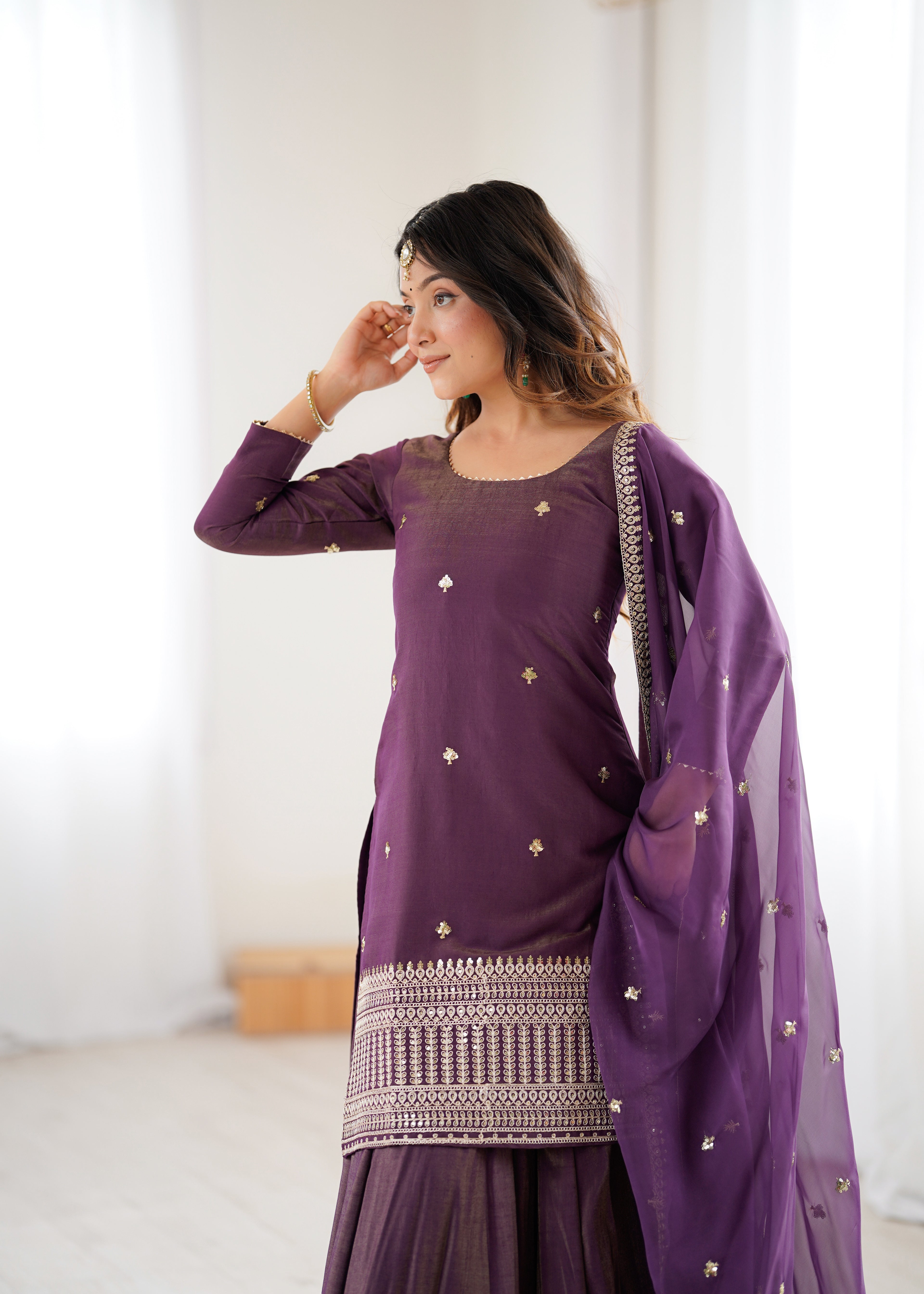 Premium Roman Shimmer Chanderi Silk Kurta Lehenga