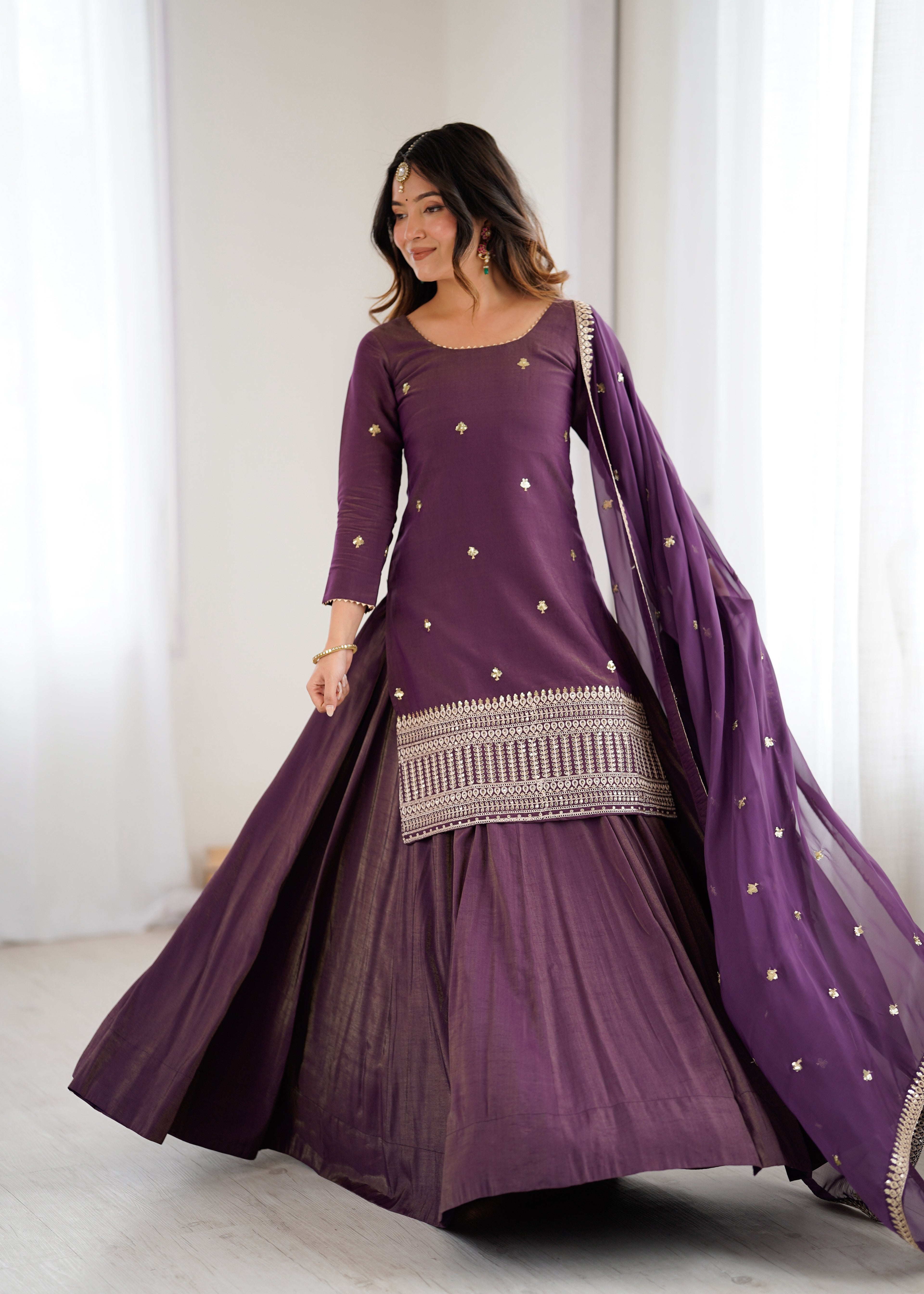 Premium Roman Shimmer Chanderi Silk Kurta Lehenga