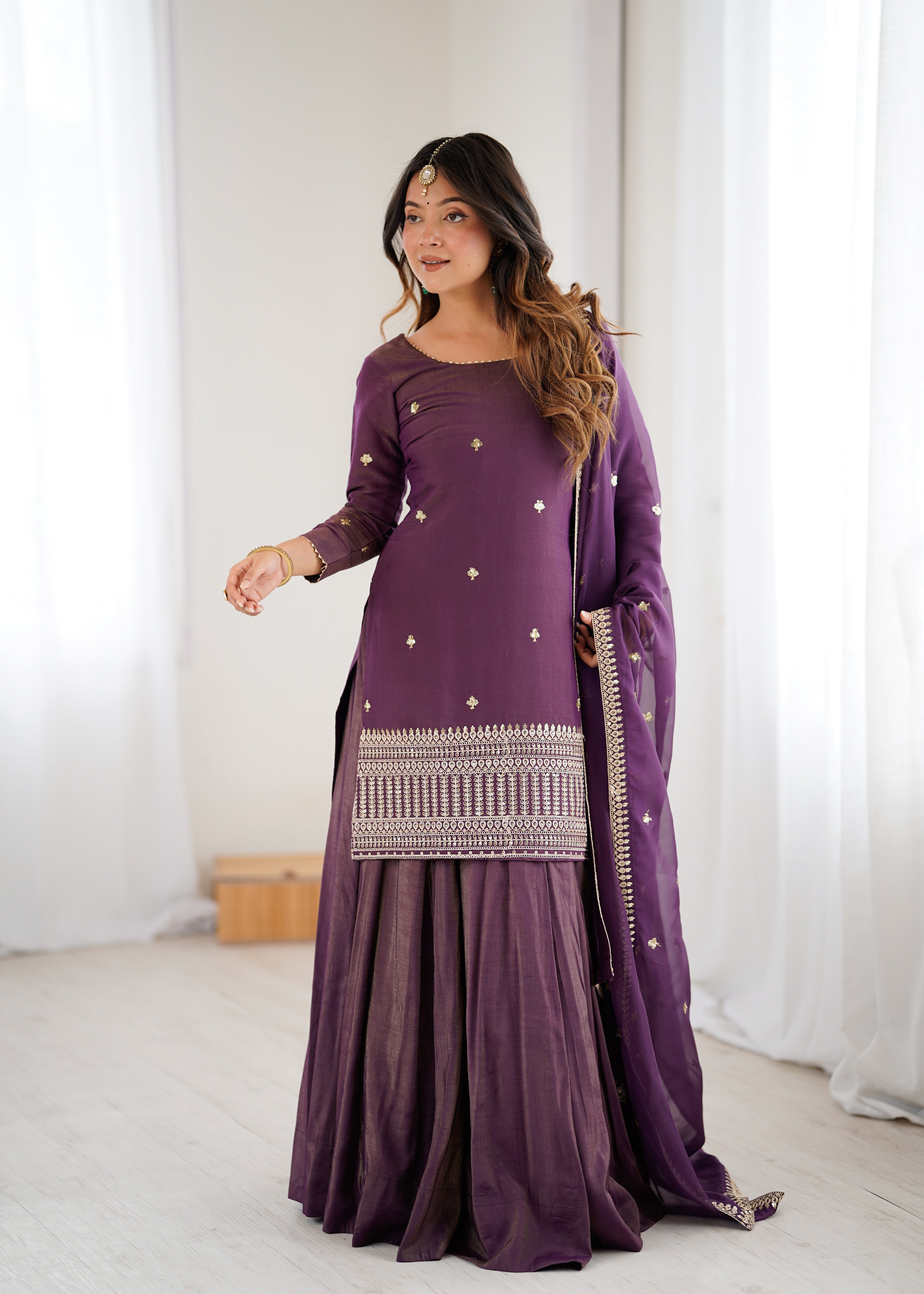 Premium Roman Shimmer Chanderi Silk Kurta Lehenga