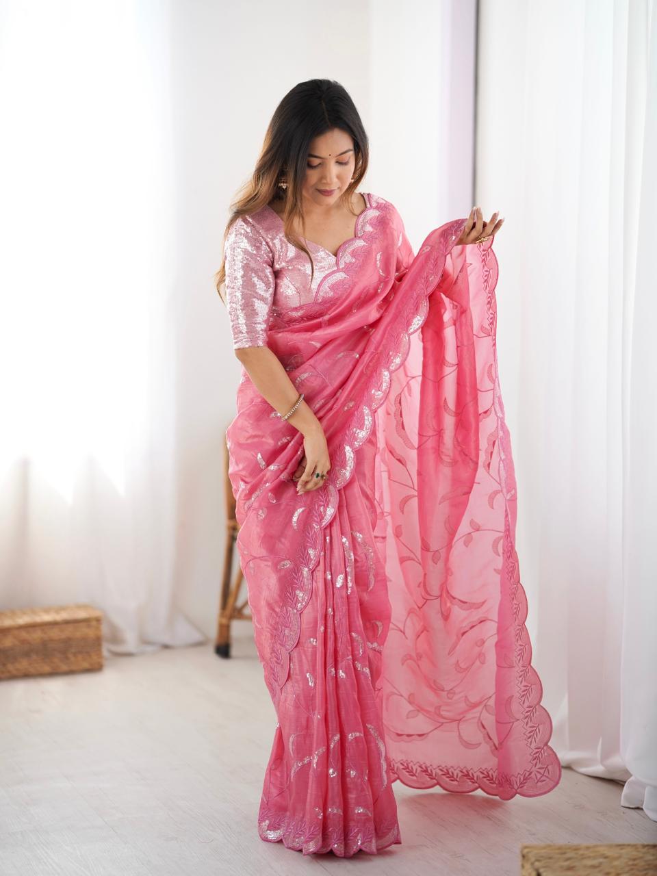 Elegant Pink Gold Crush Saree with Sequin Embroidery Blouse