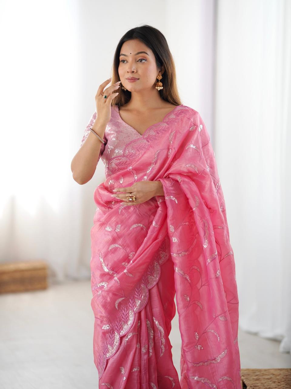 Elegant Pink Gold Crush Saree with Sequin Embroidery Blouse