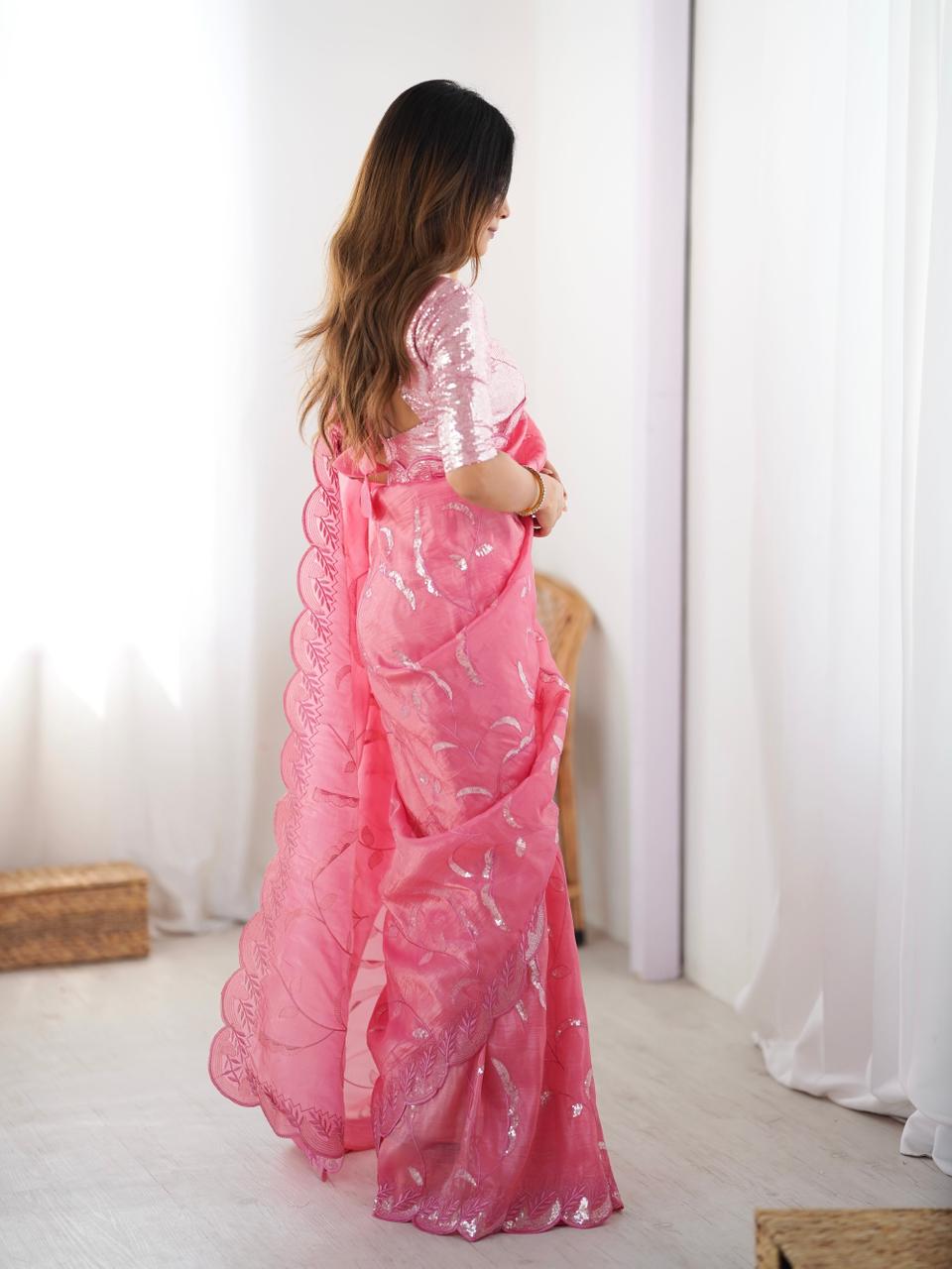 Elegant Pink Gold Crush Saree with Sequin Embroidery Blouse