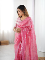 Elegant Pink Gold Crush Saree with Sequin Embroidery Blouse