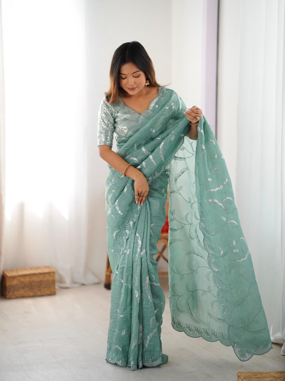 Light Green Saree With Gold Crush Fabric