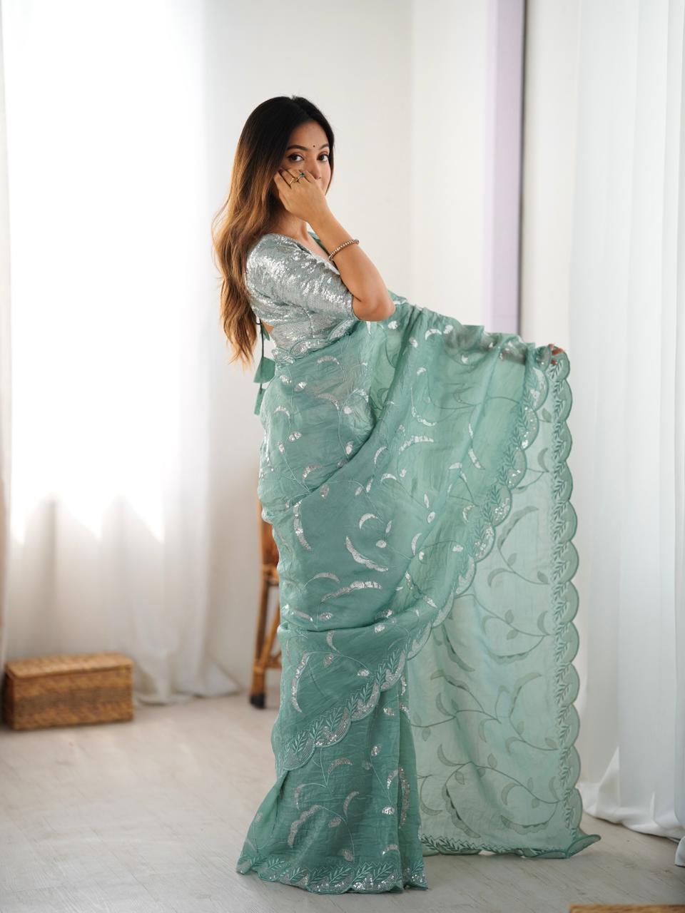 Elegant Sea Green Gold Crush Saree with Sequin Embroidery Blouse