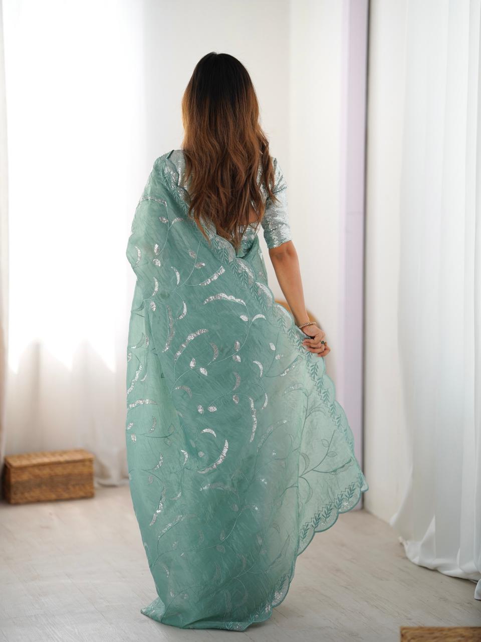 Elegant Sea Green Gold Crush Saree with Sequin Embroidery Blouse