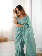 Elegant Sea Green Gold Crush Saree with Sequin Embroidery Blouse