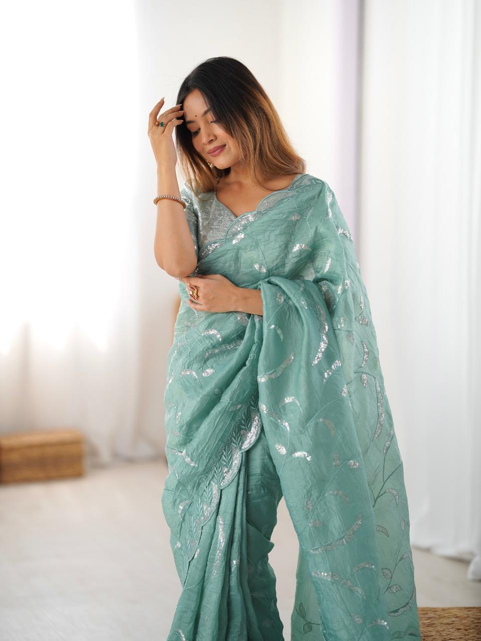 Elegant Sea Green Gold Crush Saree with Sequin Embroidery Blouse