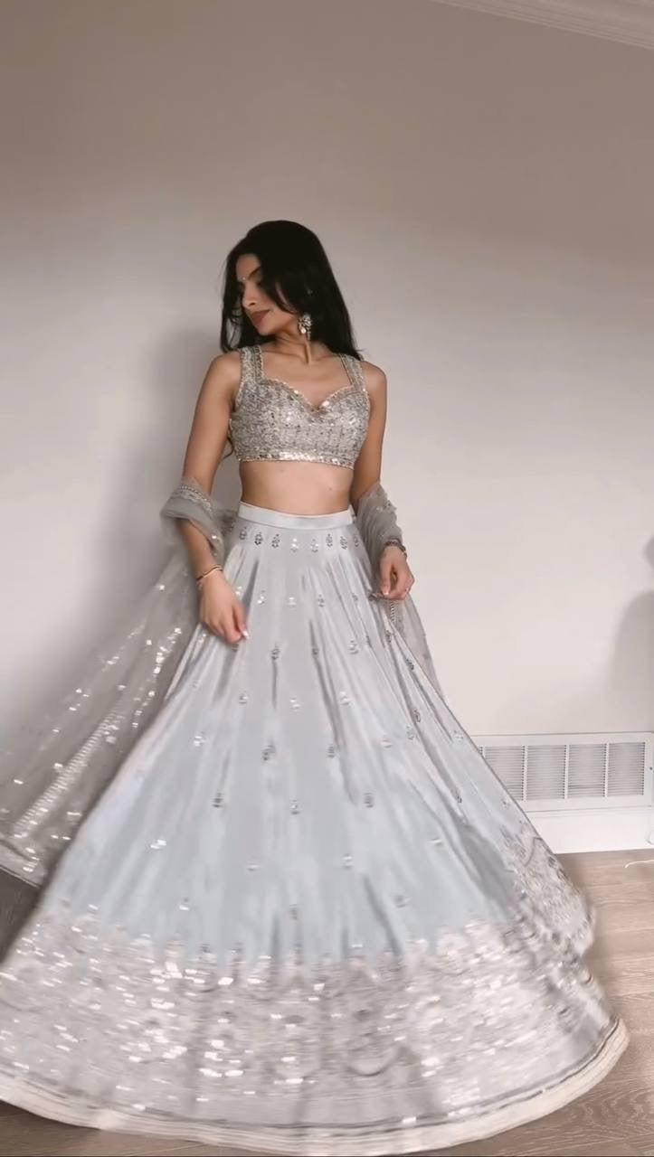 Silver Lehenga Choli With Embroidery And Sequence Work