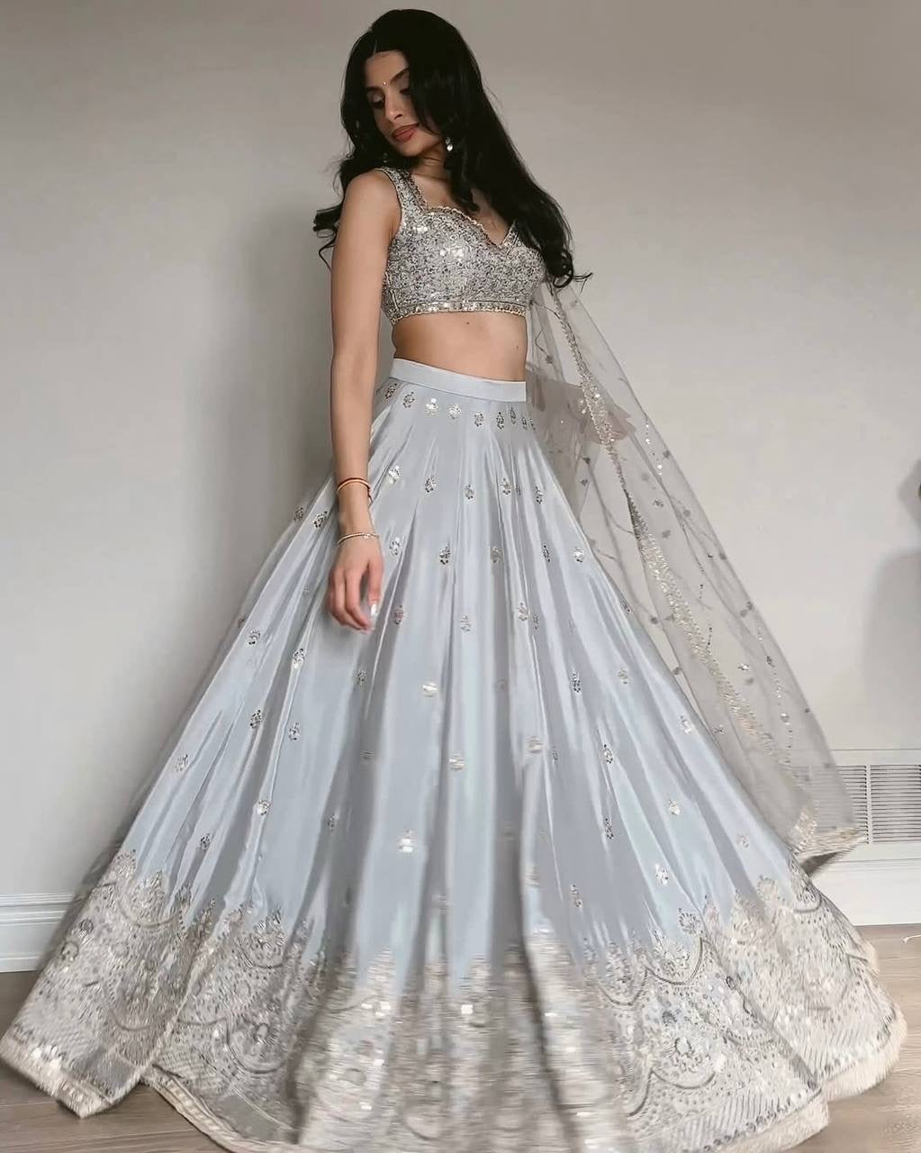 Silver Lehenga Choli With Embroidery And Sequence Work