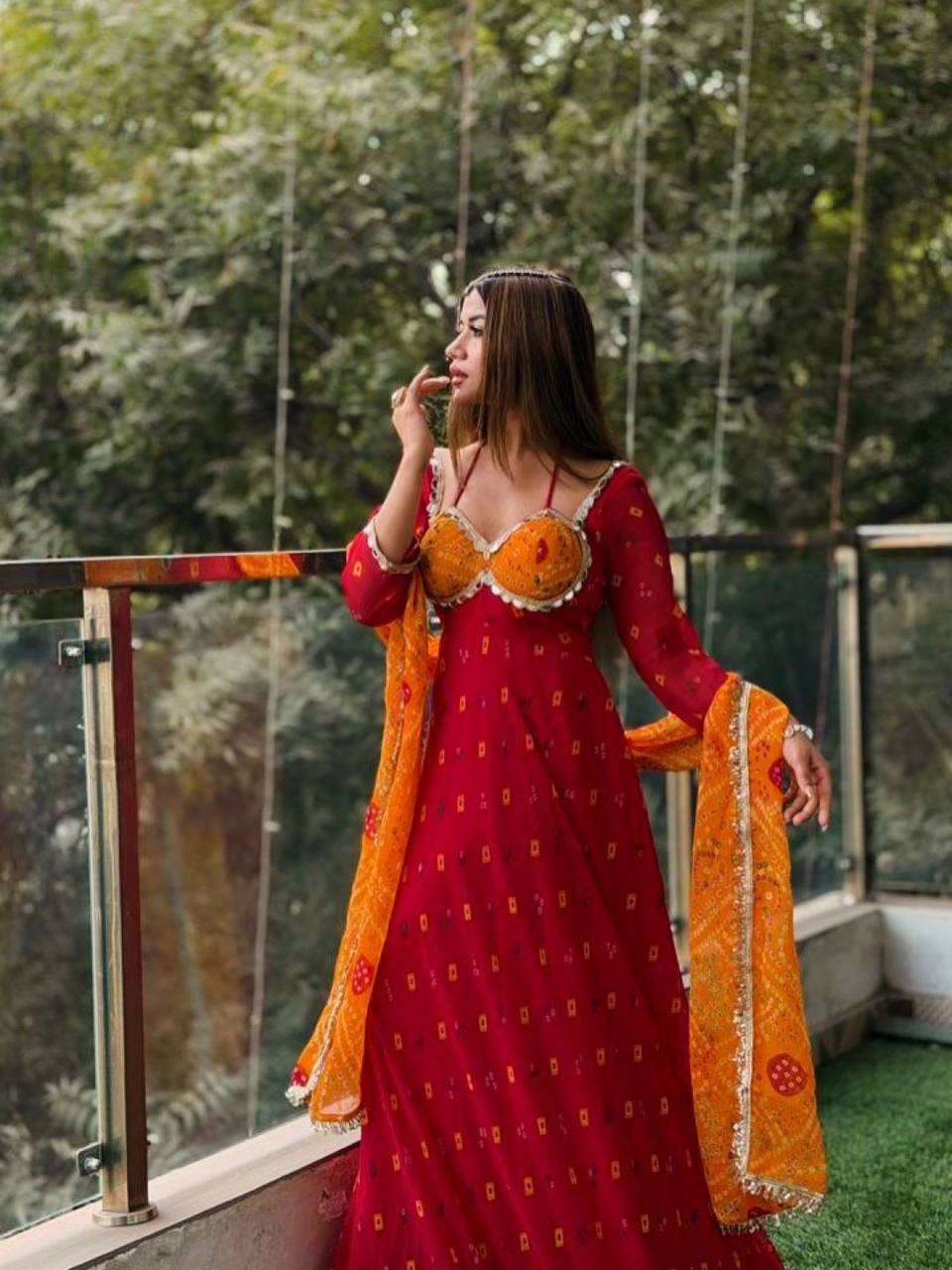 Elegant Red and Yellow Bandhani Print Faux Georgette Anarkali Set with Real Mirror Work