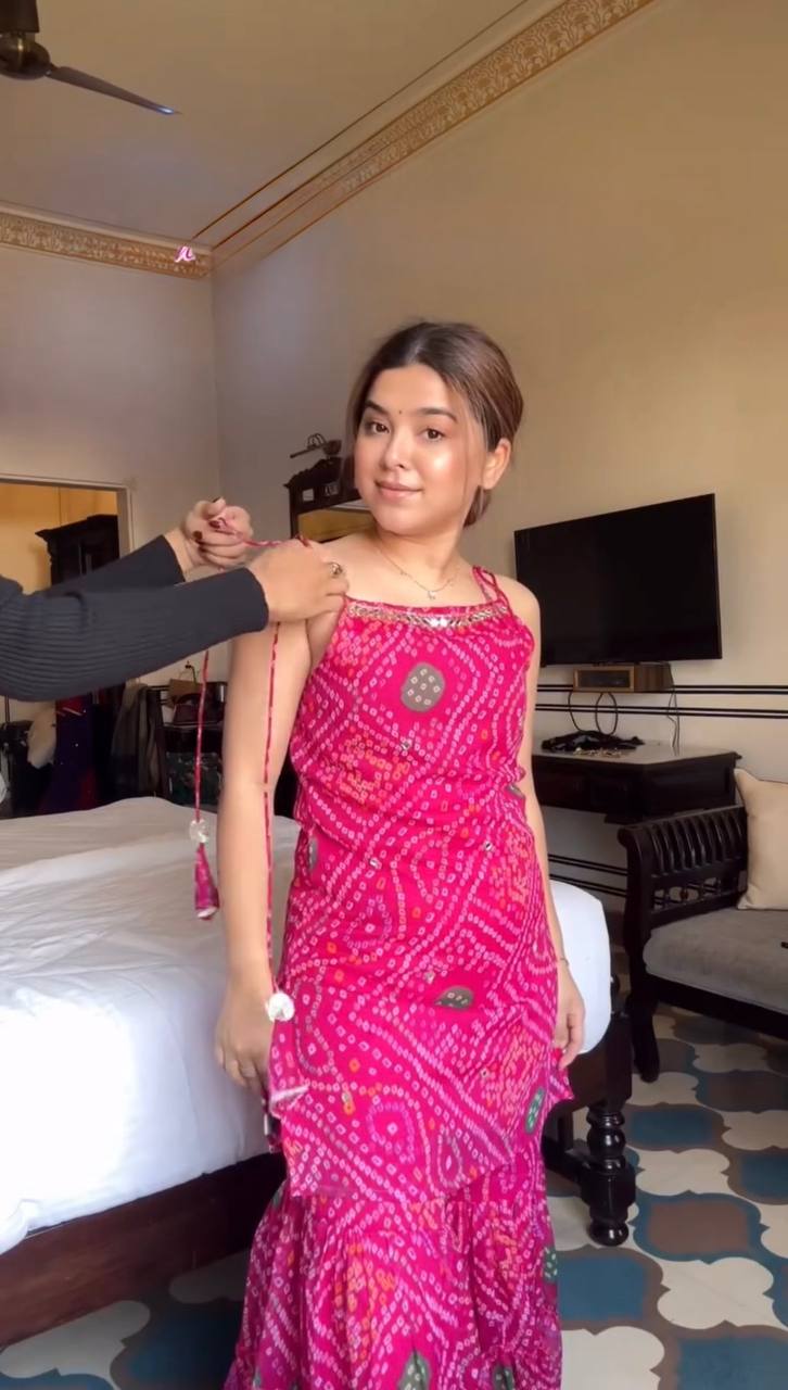 Digital Print Faux Georgette Sharara Set with Real Mirror Work and Latkan Lace