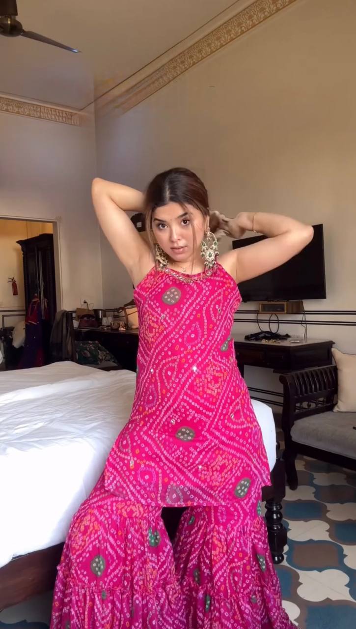 Digital Print Faux Georgette Sharara Set with Real Mirror Work and Latkan Lace