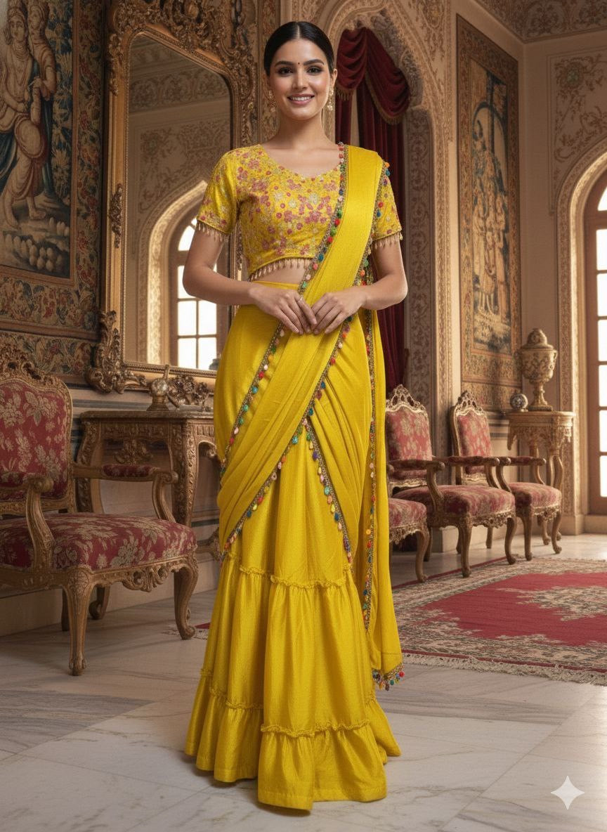 Premium Yellow Chinon Silk Ruffle Lehenga Saree with Embroidered Blouse and Kodi Lace
