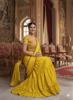 Premium Yellow Chinon Silk Ruffle Lehenga Saree with Embroidered Blouse and Kodi Lace