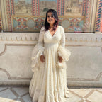 Off-White Embroidered Georgette Anarkali Suit Set with 9mm Sequin Detailing