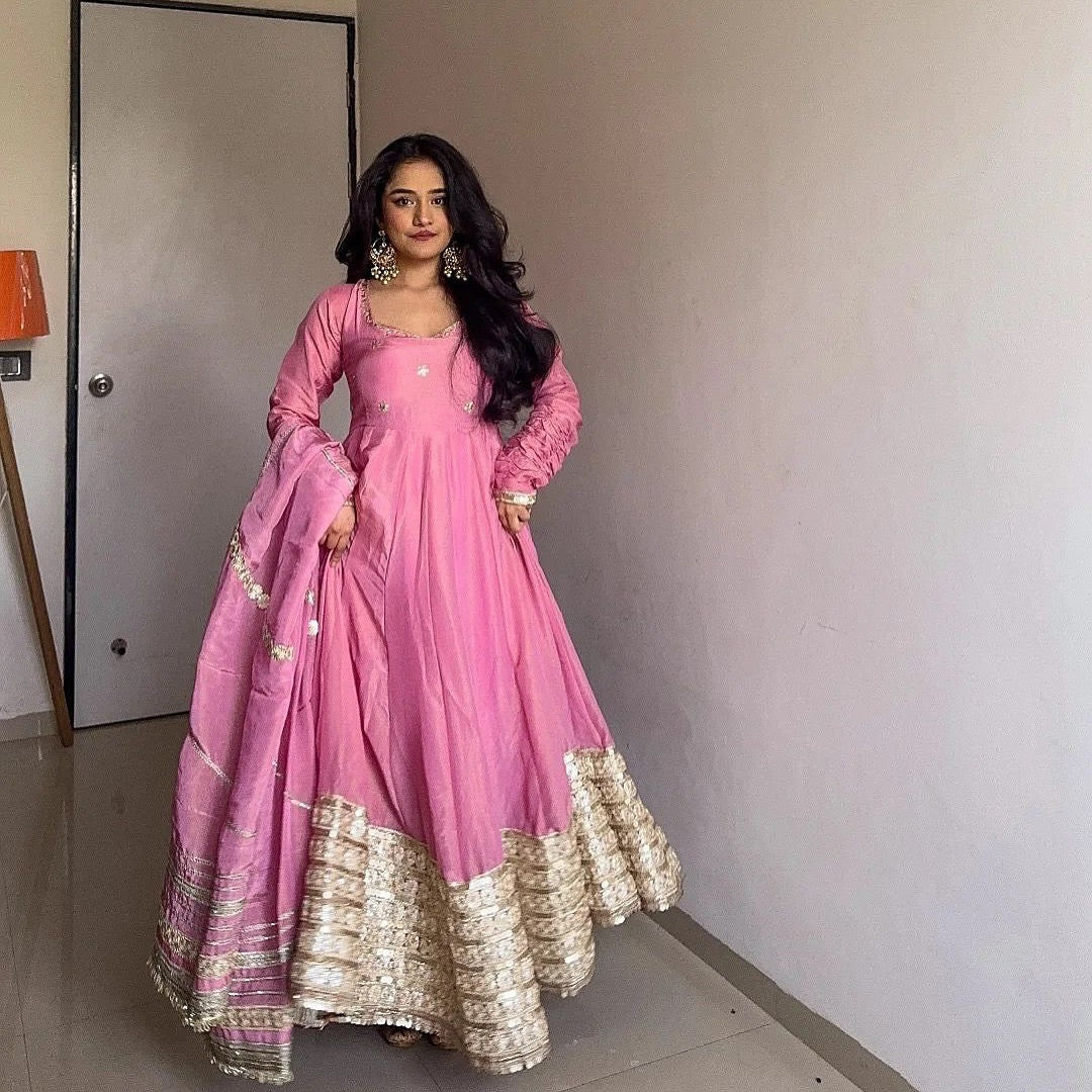 Elegant Pink Vichitra Silk Anarkali Suit Set with Embroidered Dupatta