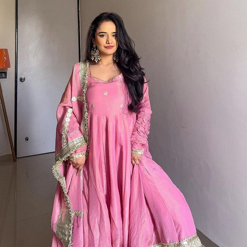 Elegant Pink Vichitra Silk Anarkali Suit Set with Embroidered Dupatta