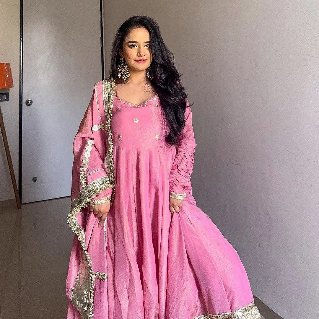 Elegant Pink Vichitra Silk Anarkali Suit Set with Embroidered Dupatta
