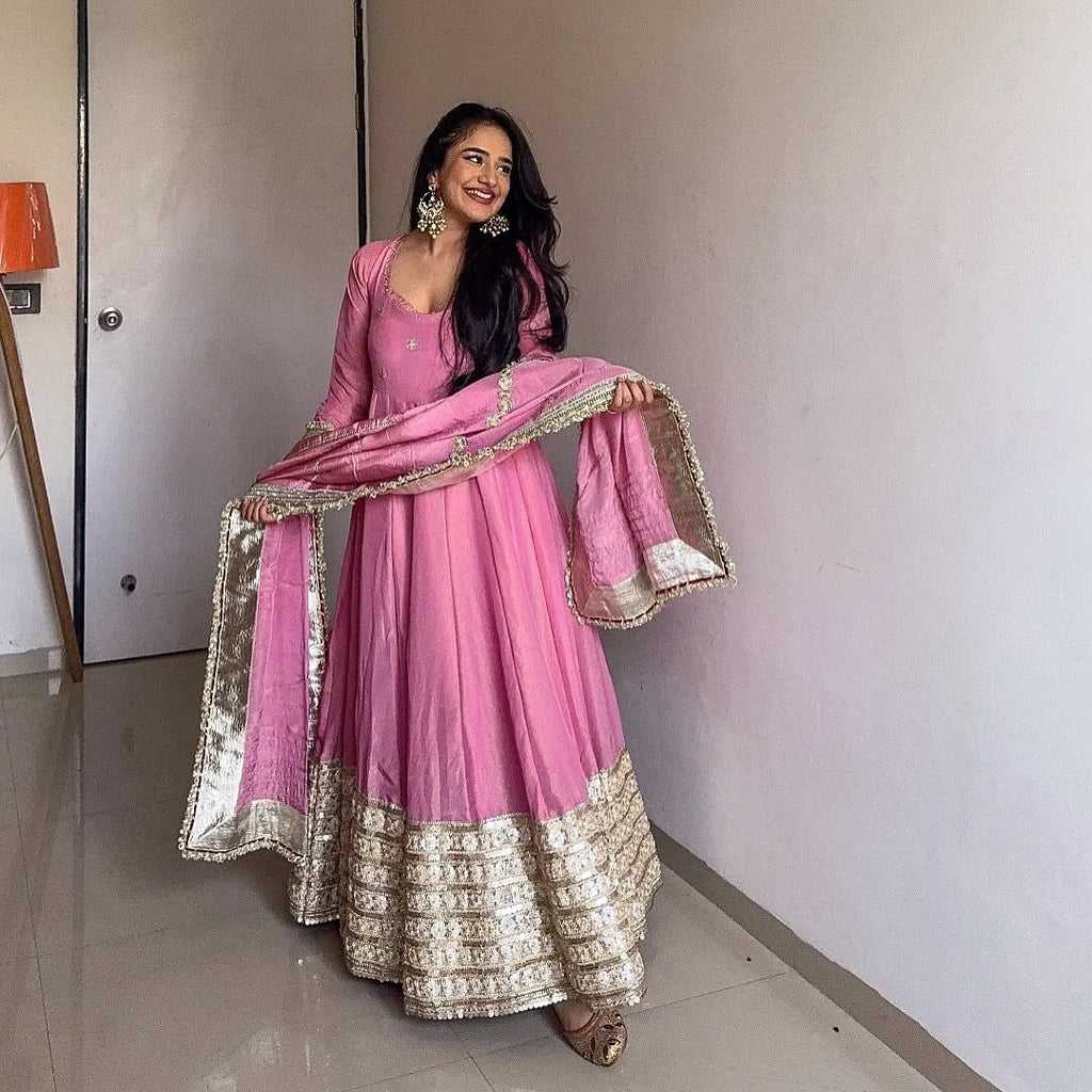 Elegant Pink Vichitra Silk Anarkali Suit Set with Embroidered Dupatta
