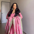 Elegant Pink Vichitra Silk Anarkali Suit Set with Embroidered Dupatta