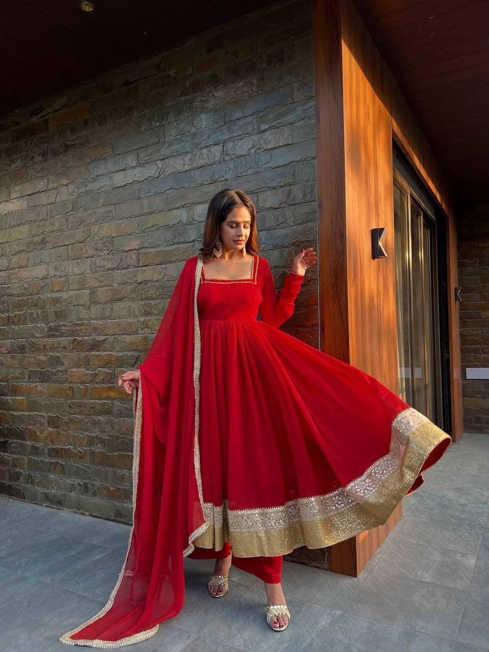 Radiant Red Blooming Georgette Anarkali Suit