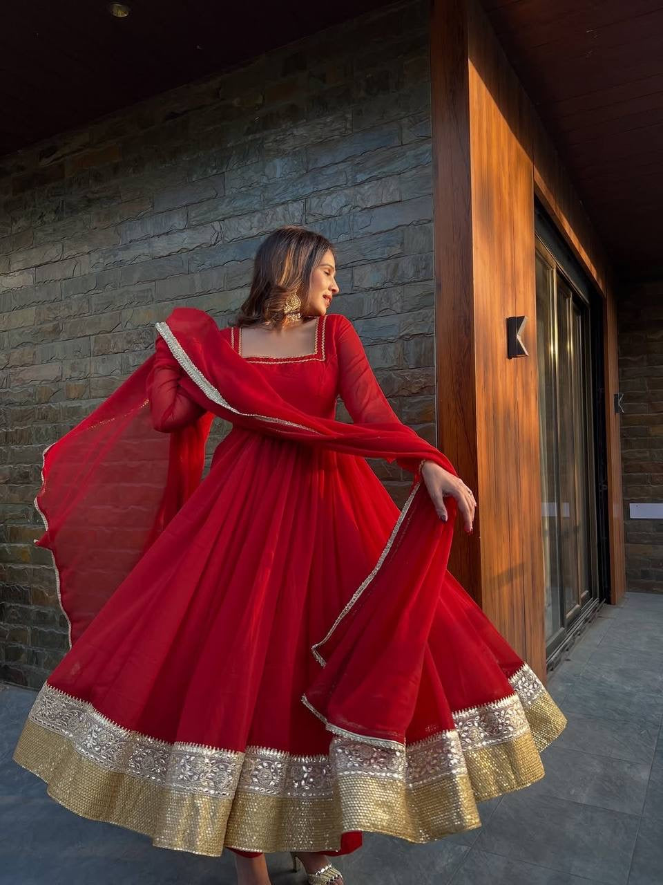 Radiant Red Blooming Georgette Anarkali Suit