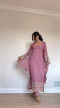 Elegant Faux Georgette Embroidered Straight Kurta Pant Set with Dupatta