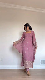 Elegant Faux Georgette Embroidered Straight Kurta Pant Set with Dupatta