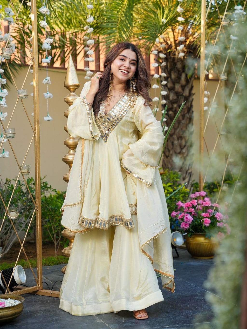 Elegant Cream Cosmos Mirror Work Palazzo Suit Set with Dupatta