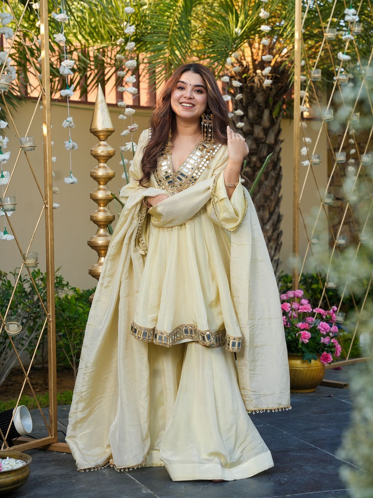 Elegant Cream Cosmos Mirror Work Palazzo Suit Set with Dupatta
