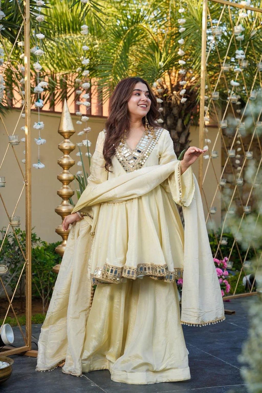 Elegant Cream Cosmos Mirror Work Palazzo Suit Set with Dupatta