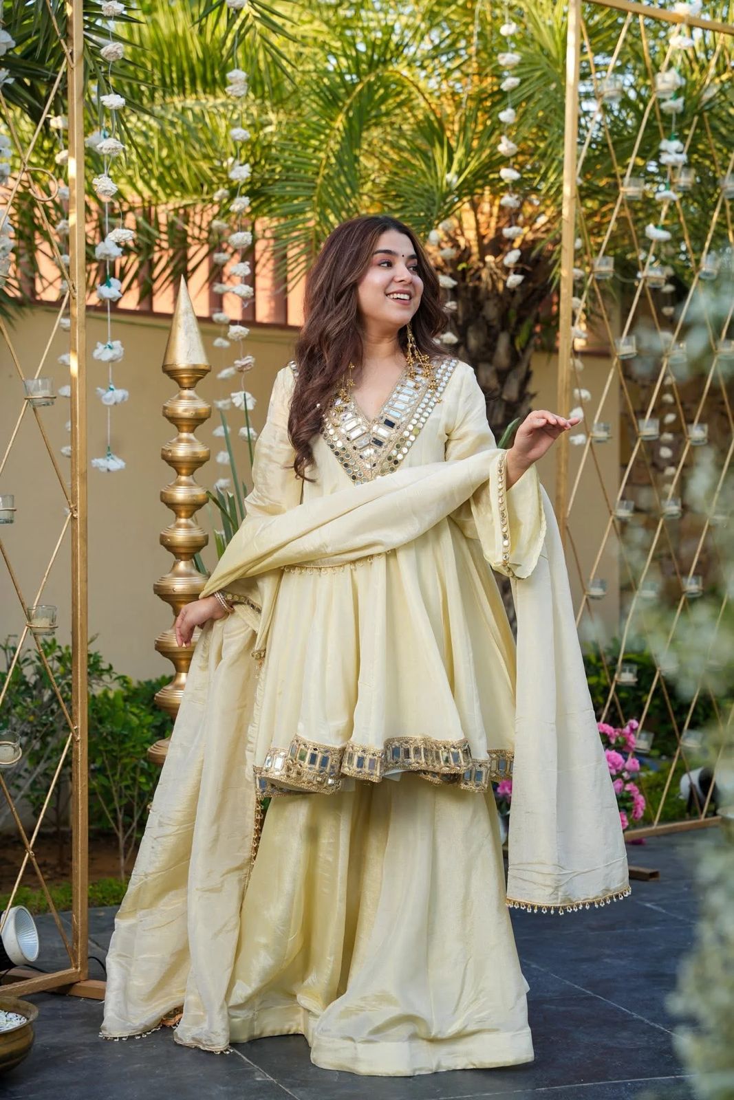 Elegant Cream Cosmos Mirror Work Palazzo Suit Set with Dupatta