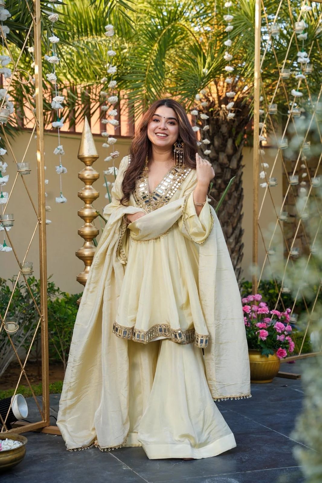 Elegant Cream Cosmos Mirror Work Palazzo Suit Set with Dupatta