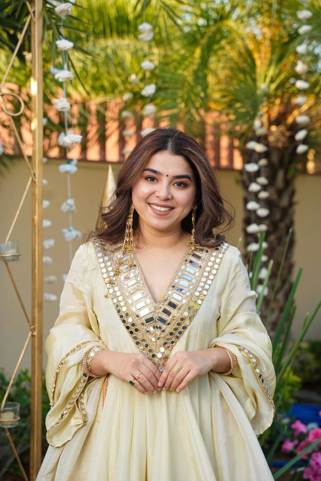 Elegant Cream Cosmos Mirror Work Palazzo Suit Set with Dupatta