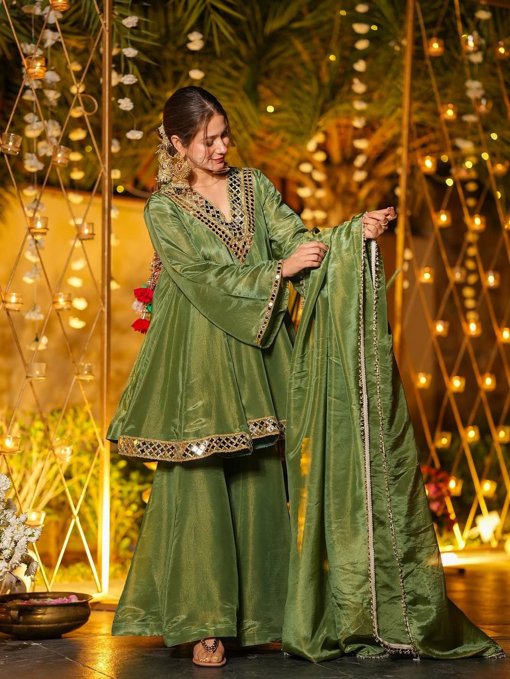 Elegant Cream Cosmos Mirror Work Palazzo Suit Set with Dupatta